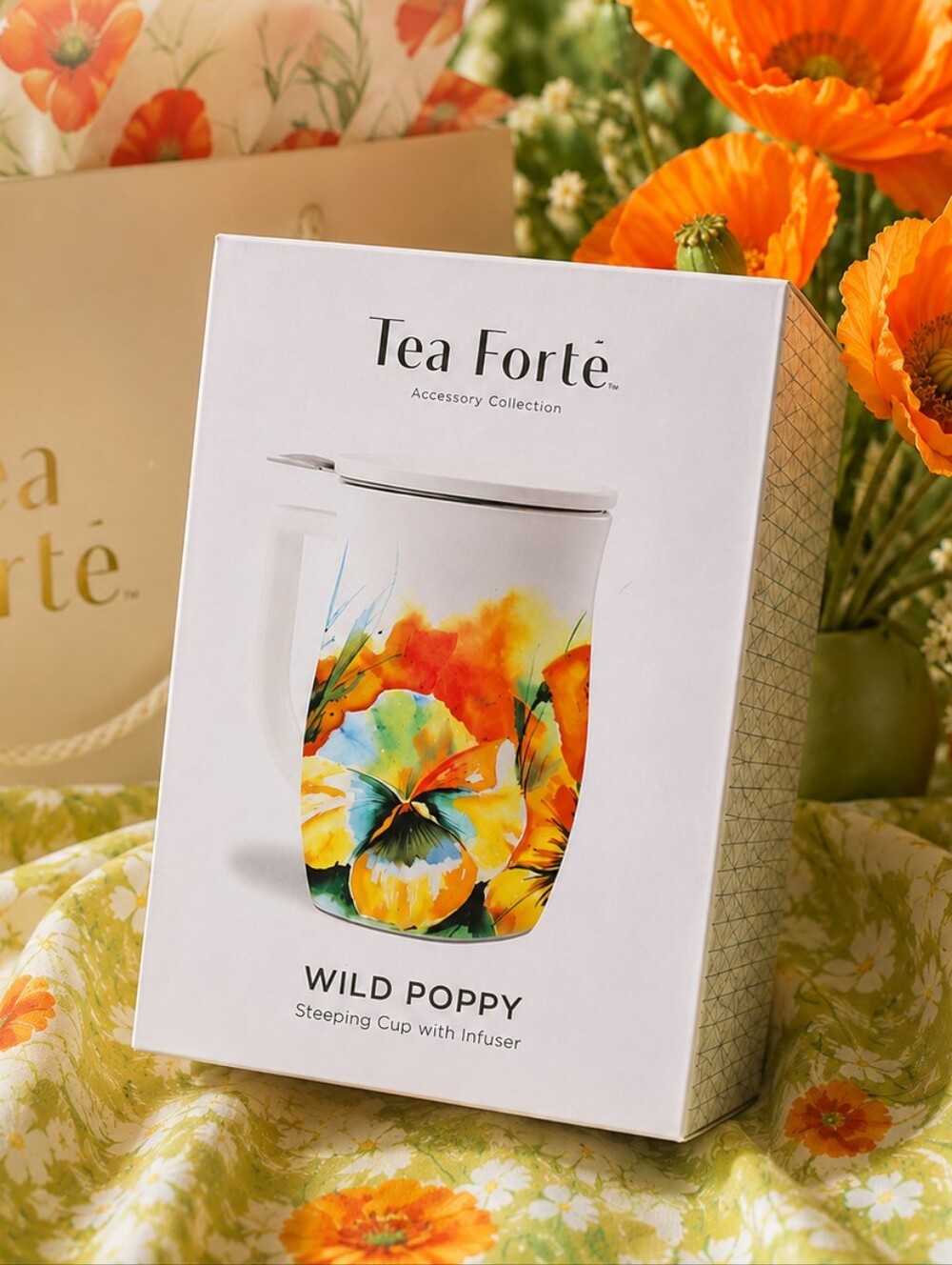 NIB Tea Forte Fiore Wild Poppy 14oz Steeping Cup Infuser Lid Floral